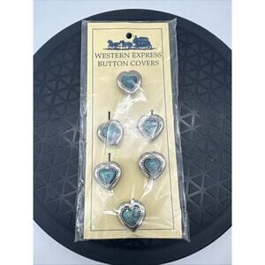 Vintage Western Express Silver Tone Turquoise Button Covers Heart Shaped